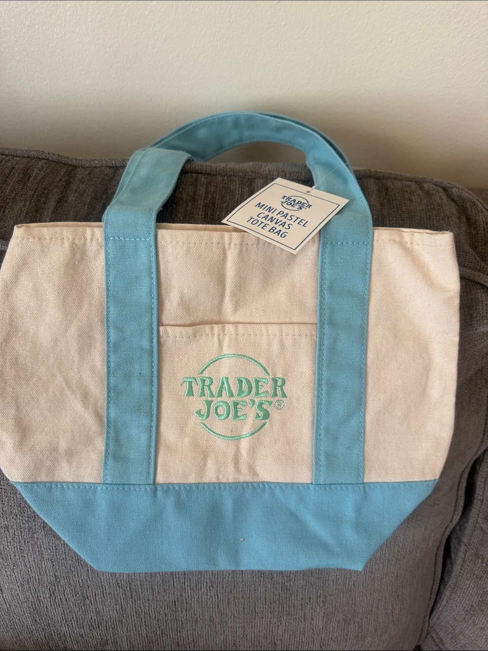 Trader Joe's Mini Canvas Tote Bag in Cream and Light Blue